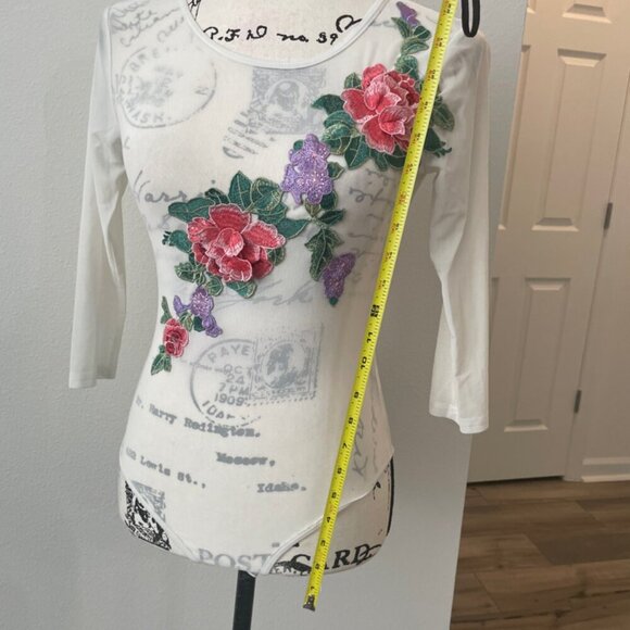 SHEER BODYSUIT EMBROIDERED FLORAL SZ S 3/4 SLEEVE PREPPY SEXY CHIC AESTHETIC - Picture 12 of 16